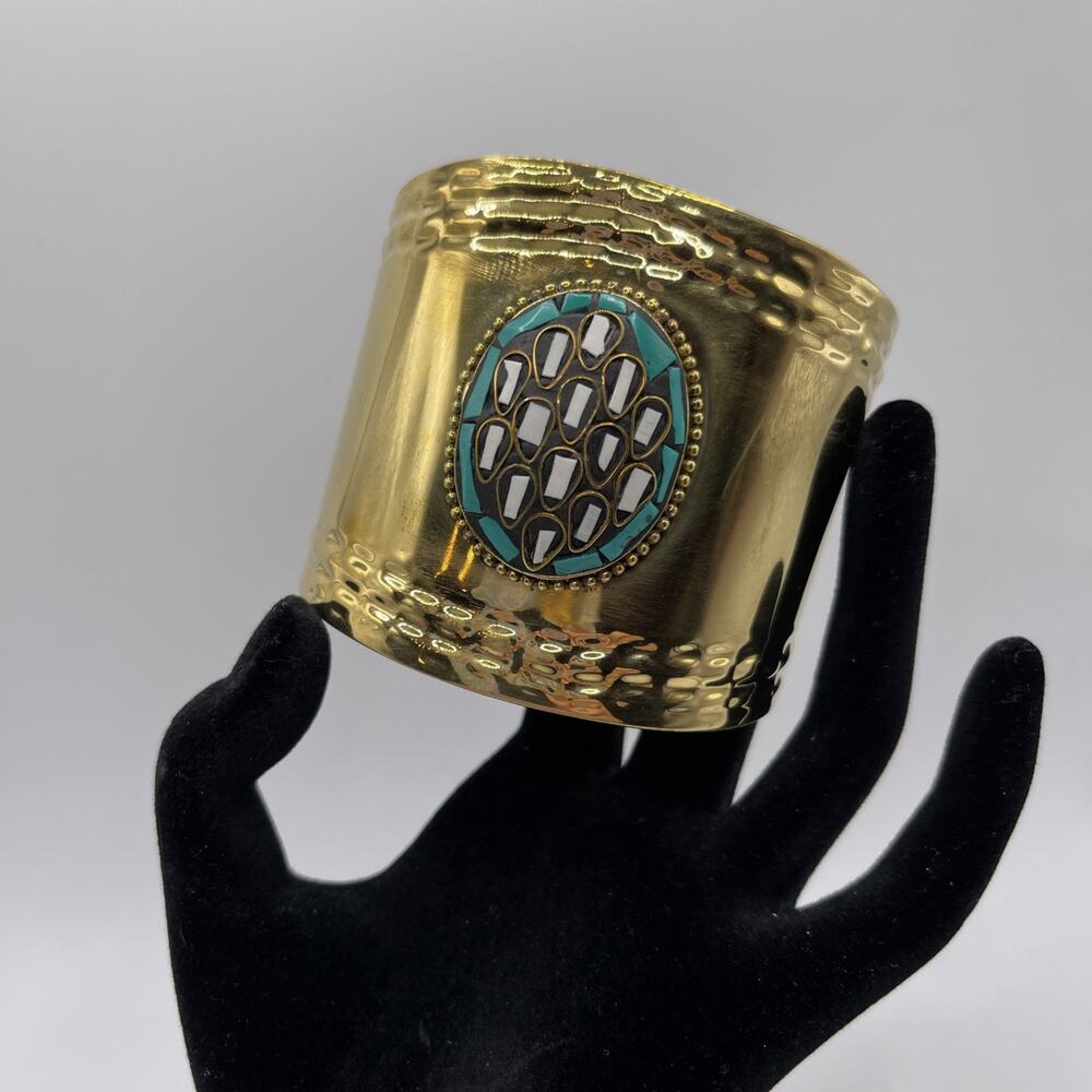 Artisan Cuff bracelet gold tone with Native American vibe. Large